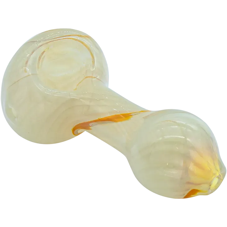 Angled close-up of the "Bones" White Color Spoon Pipe (Copy), showing its creamy white glass with subtle orange swirls and a rounded bowl.