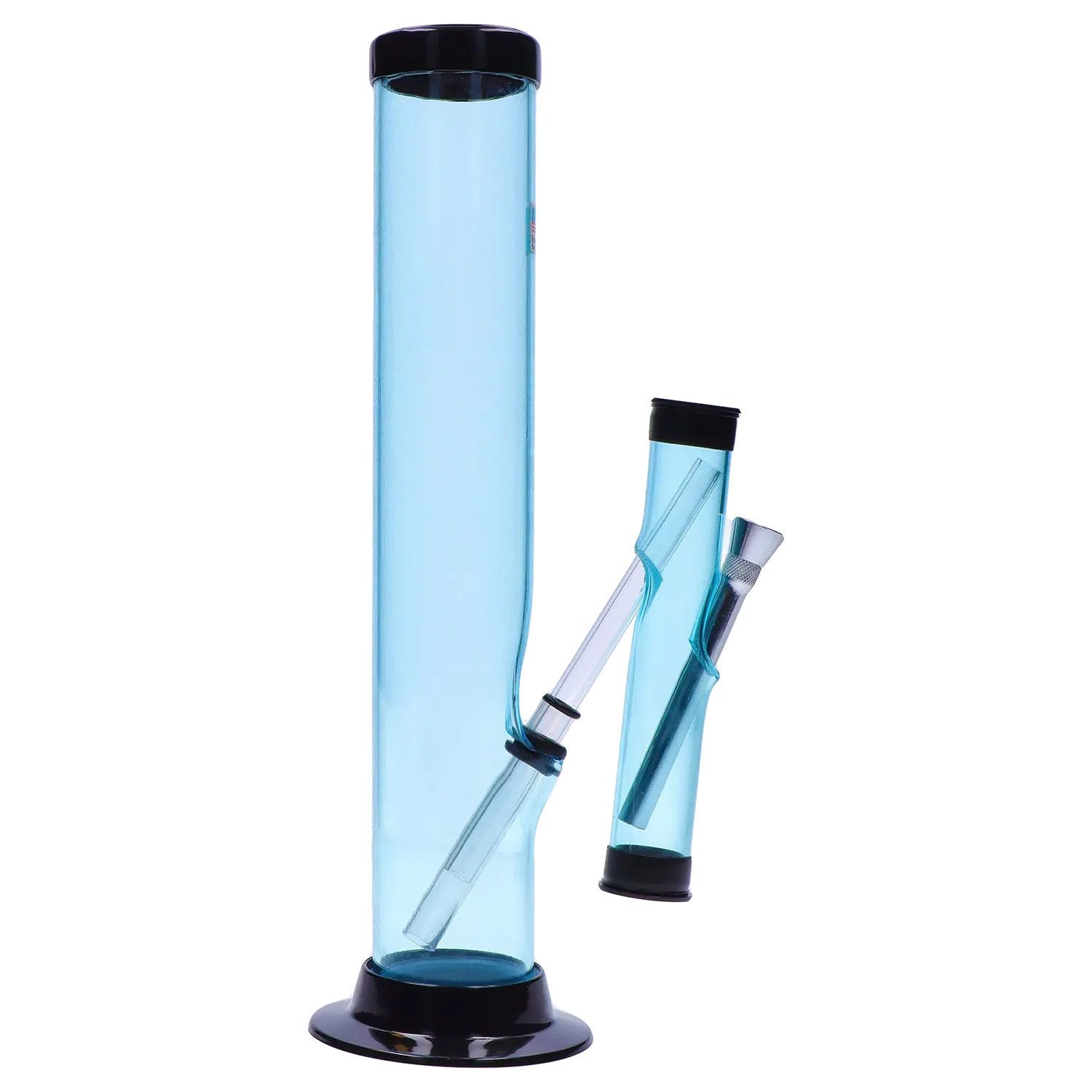Tall, front-facing view of the purple JM Plastics Double Trouble Straight Tube Acrylic Bong - 12 in., shown against a white background with black base and mouthpiece.