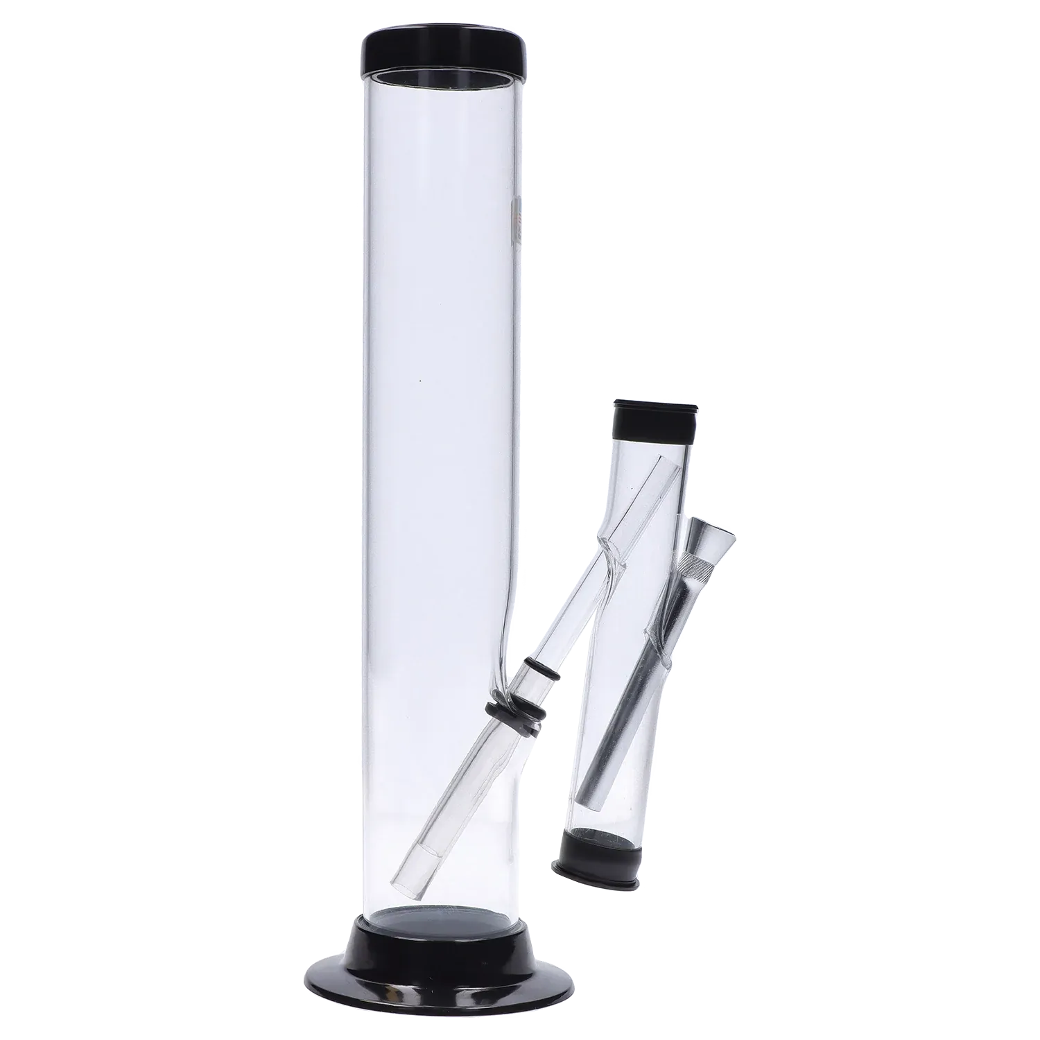 Side view of the JM Plastics Double Trouble Straight Tube Acrylic Bong - 12 in. showing its clear straight tube with black rim and base and two angled downstems.