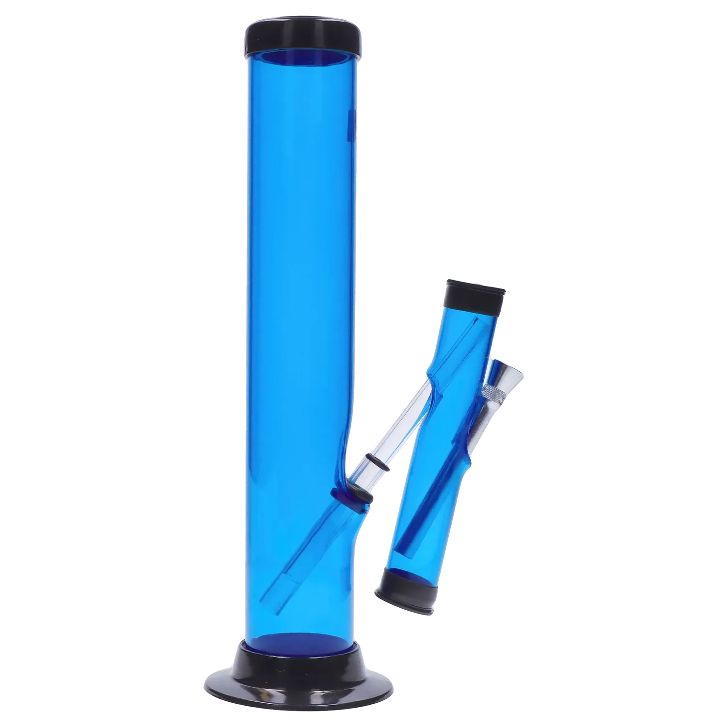 Tall left-profile shot of the JM Plastics Double Trouble Straight Tube Acrylic Bong - 12 in. in translucent smoke blue with its angled mouthpiece and black rubber base.