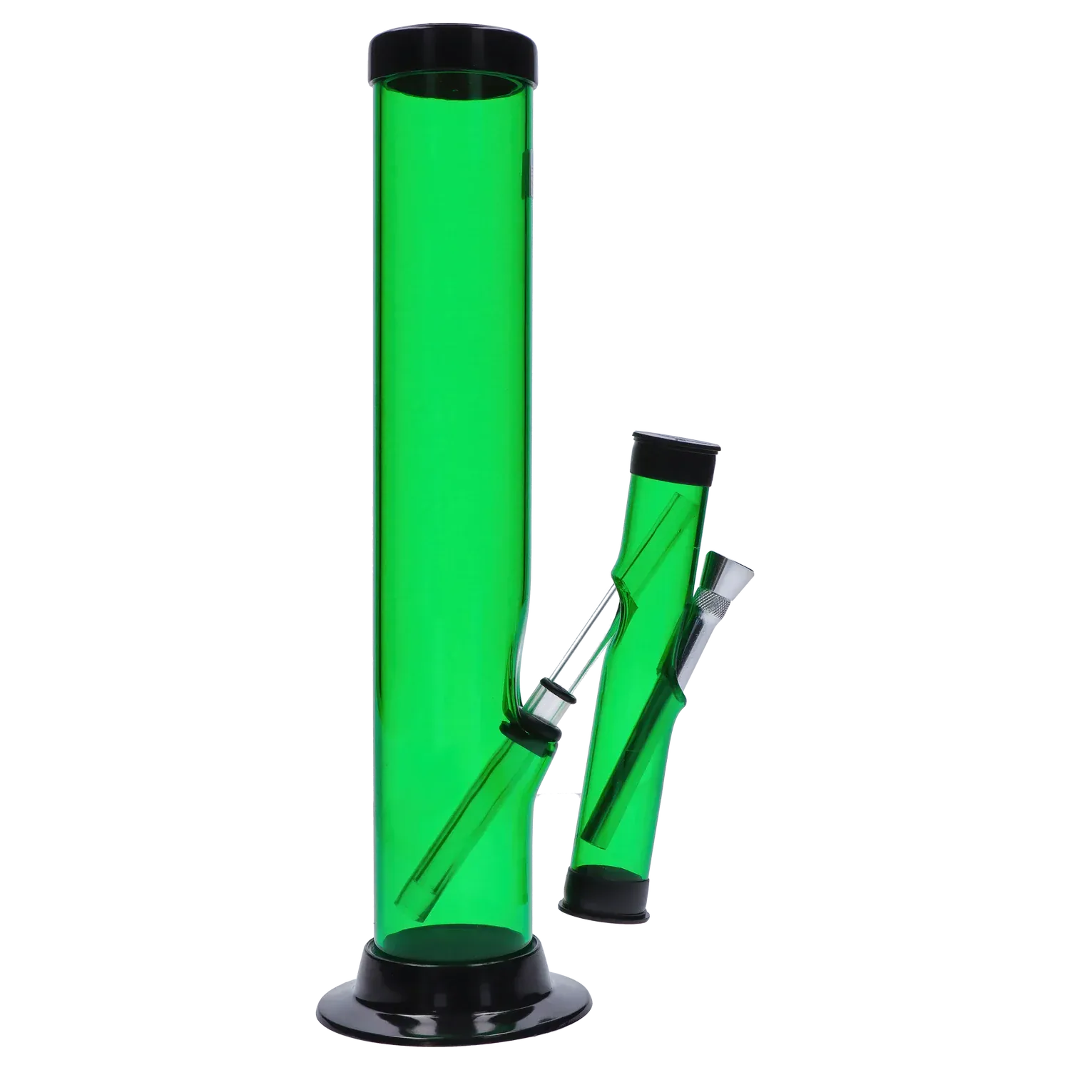 Side view of the JM Plastics Double Trouble Straight Tube Acrylic Bong - 12 in. showing a tall translucent light-green straight tube with a black base and angled removable downstem and bowl.