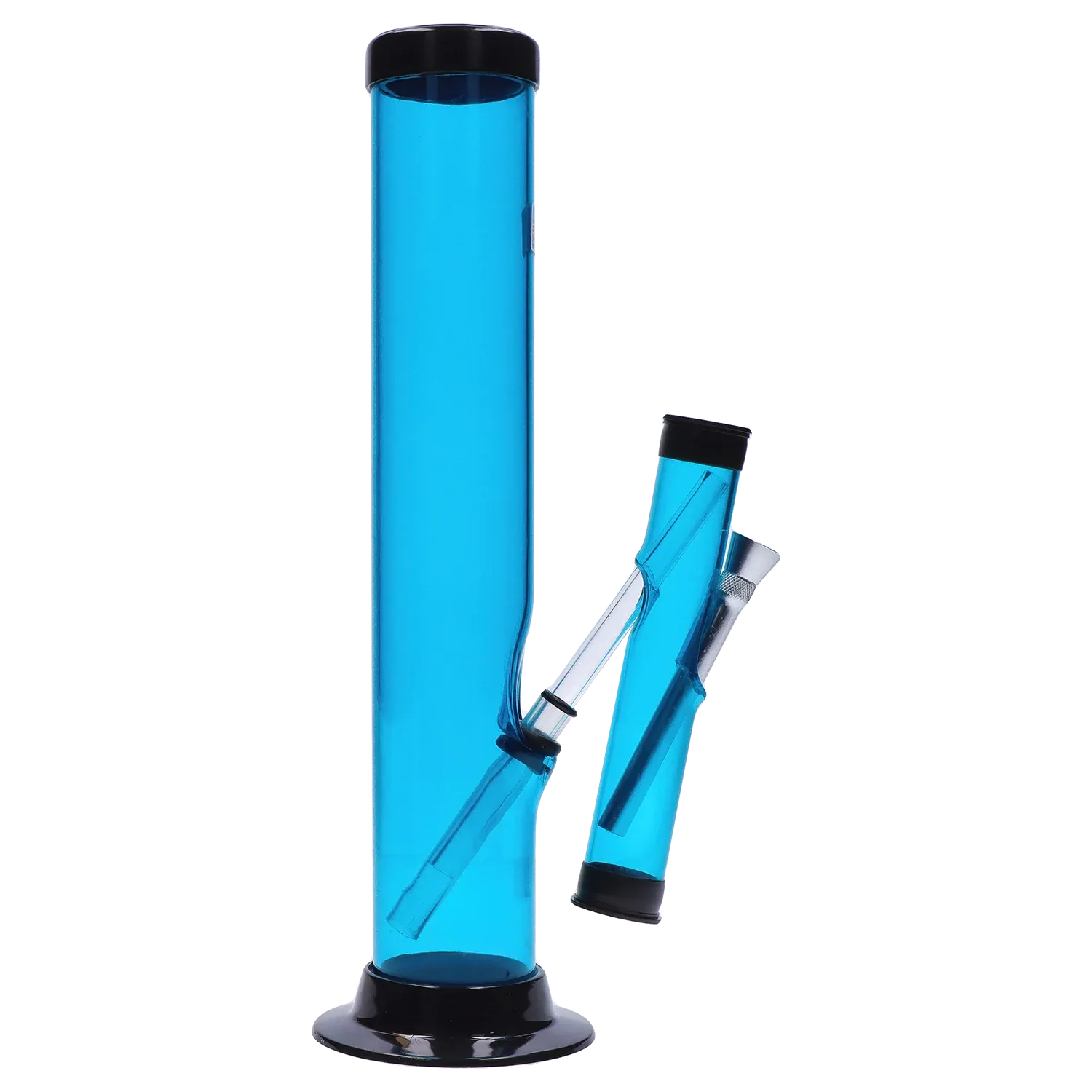 Straight-on studio shot of the dark blue JM Plastics Double Trouble Straight Tube Acrylic Bong - 12 in., showing its tall cylindrical tube and angled joint against a white background.