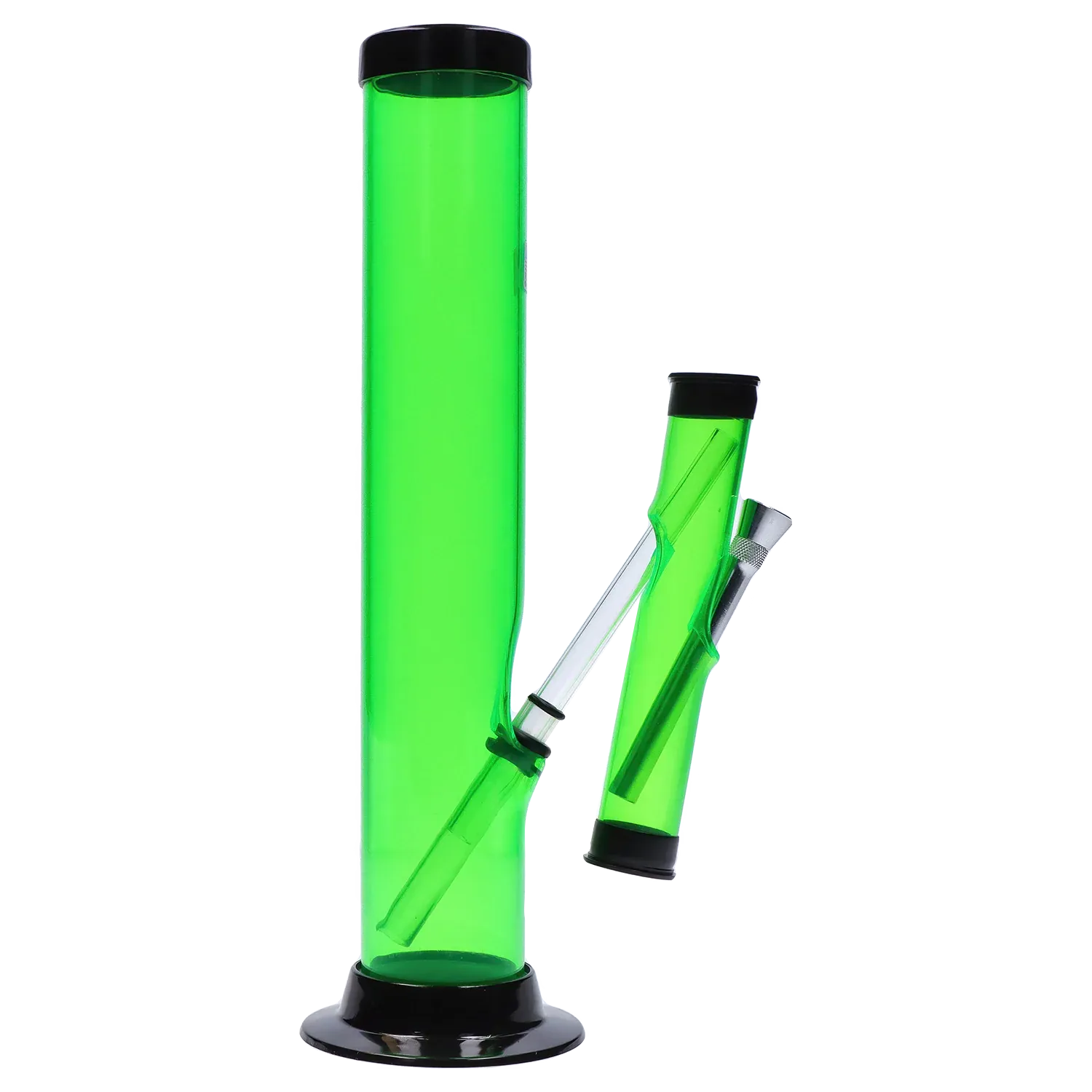 Side view of the green JM Plastics Double Trouble Straight Tube Acrylic Bong - 12 in., lit from behind to highlight its angled downstem and black-rimmed base.