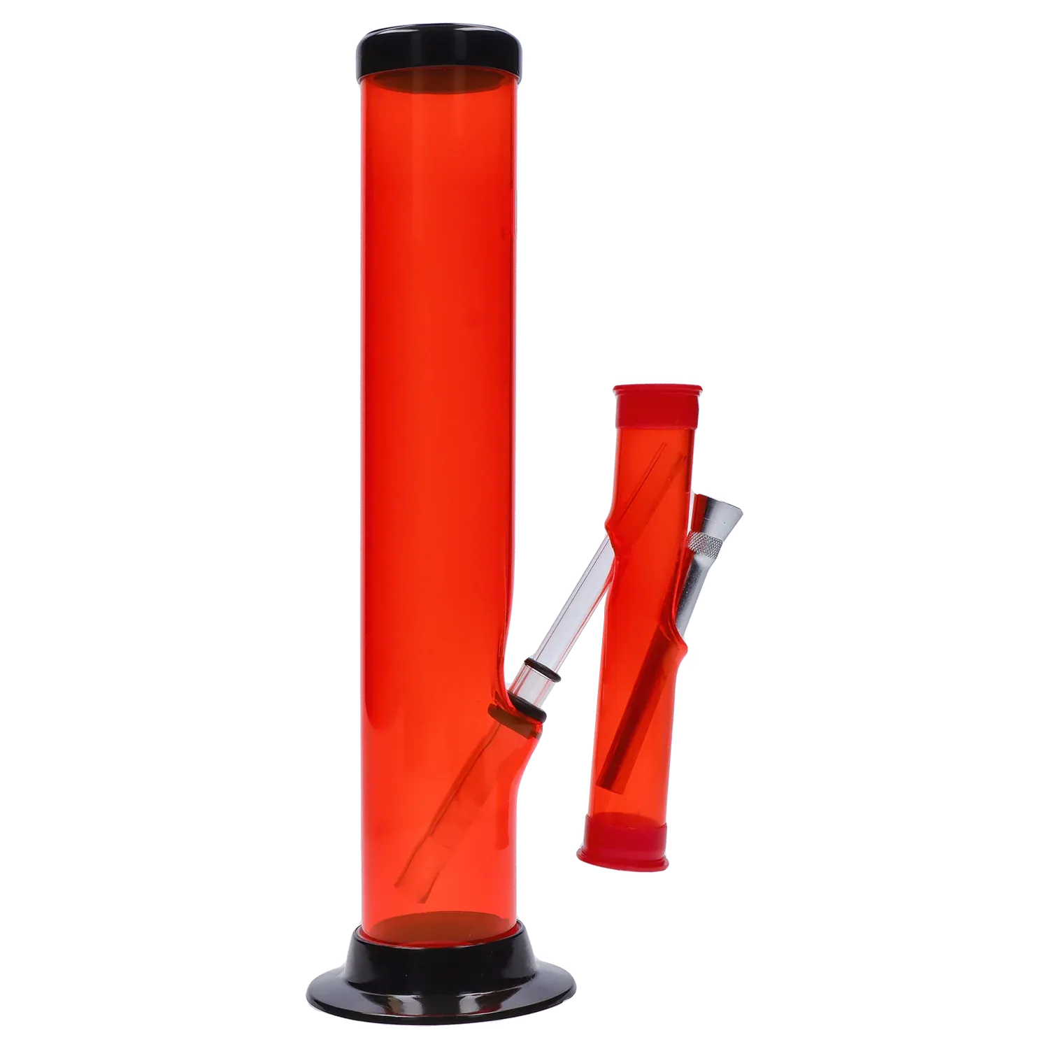 Side view of the clear red JM Plastics Double Trouble Straight Tube Acrylic Bong - 12 in., shown upright with its angled downstem and black flared base.