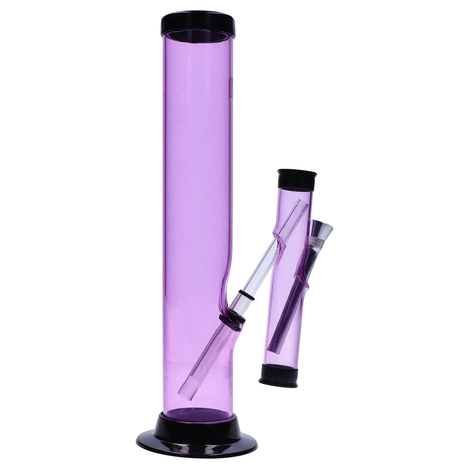 Tall, straight, translucent purple JM Plastics Double Trouble Straight Tube Acrylic Bong - 12 in. shown in a studio side view with a detached downstem and black base.
