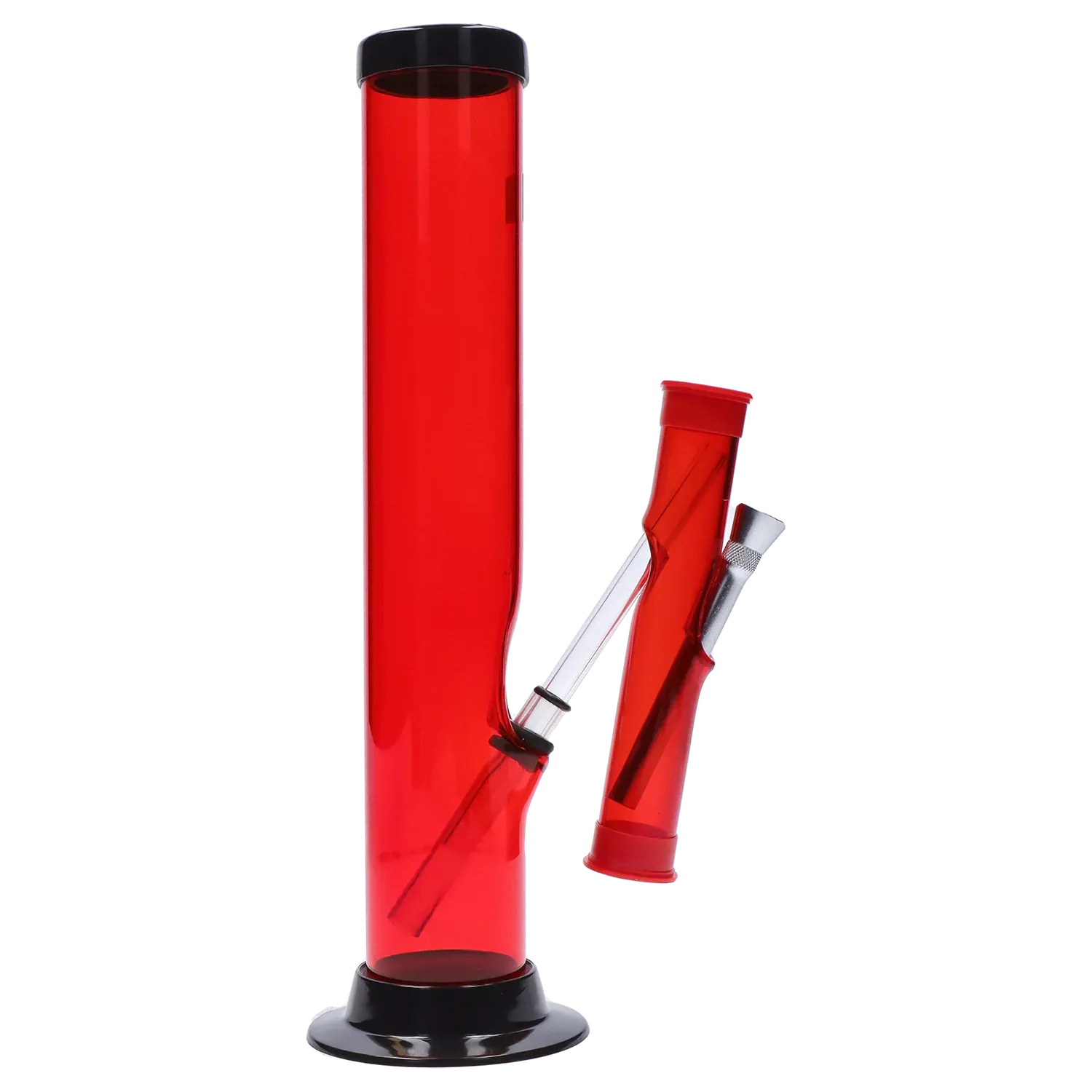 Tall side view of the JM Plastics Double Trouble Straight Tube Acrylic Bong - 12 in. showing a red-tinted straight tube with angled removable downstem and black base.