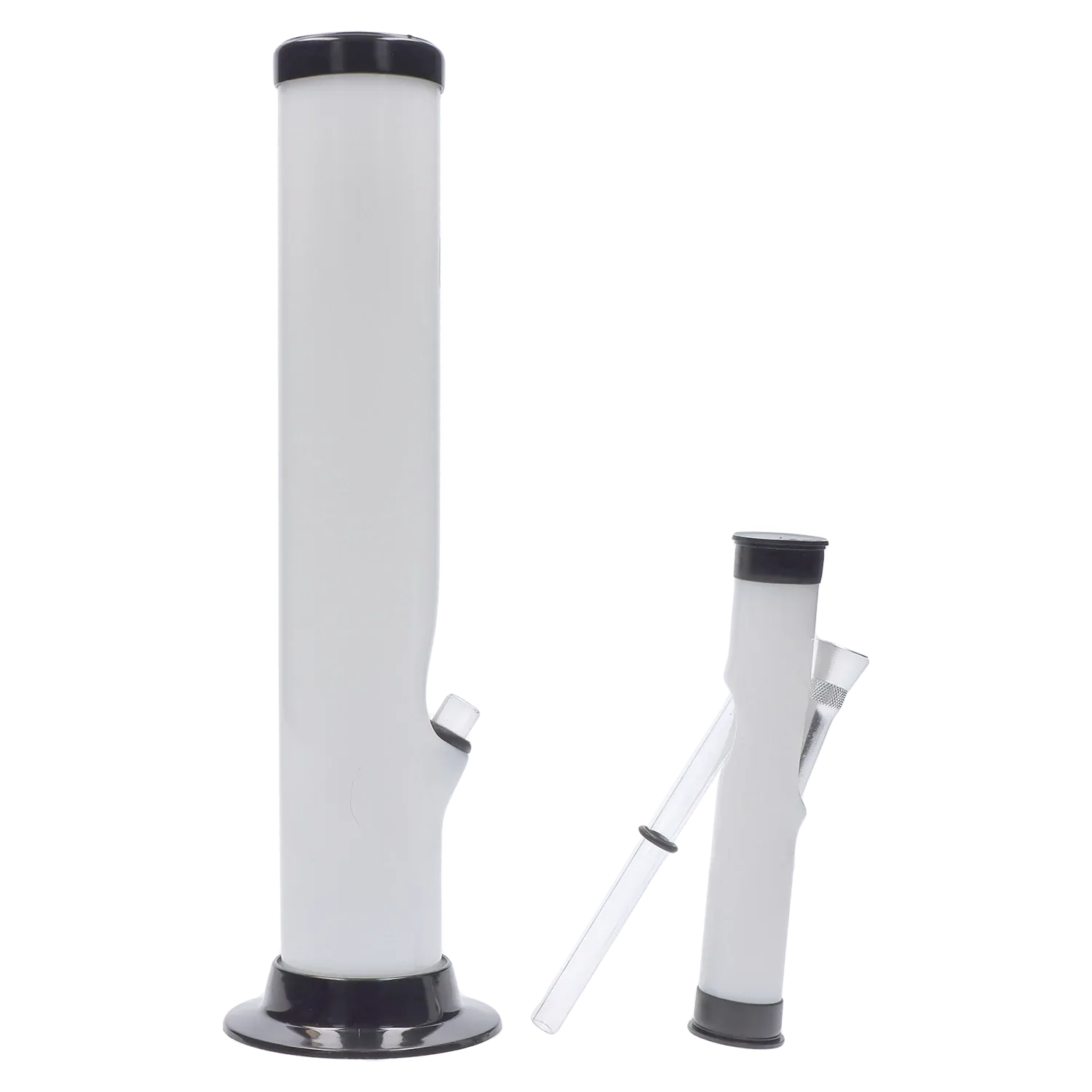 Studio-style front view of the JM Plastics Double Trouble Straight Tube Acrylic Bong - 12 in., shown in a purple-tinted clear finish against a white background.