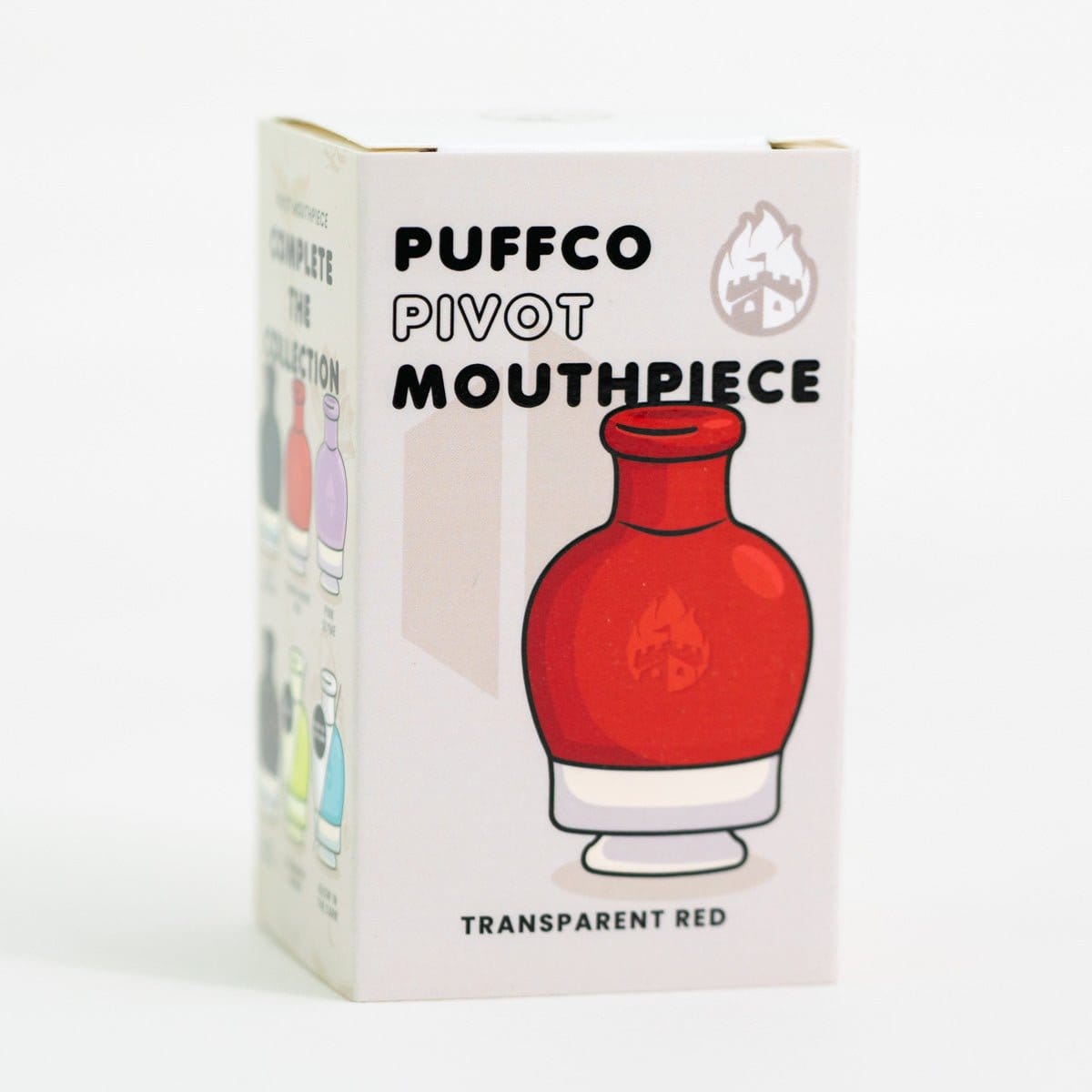 Box-front close-up of the Empire Glassworks Puffco Pivot Glass Mouthpiece - Transparent Red packaging showing a stylized red mouthpiece illustration on a white background.