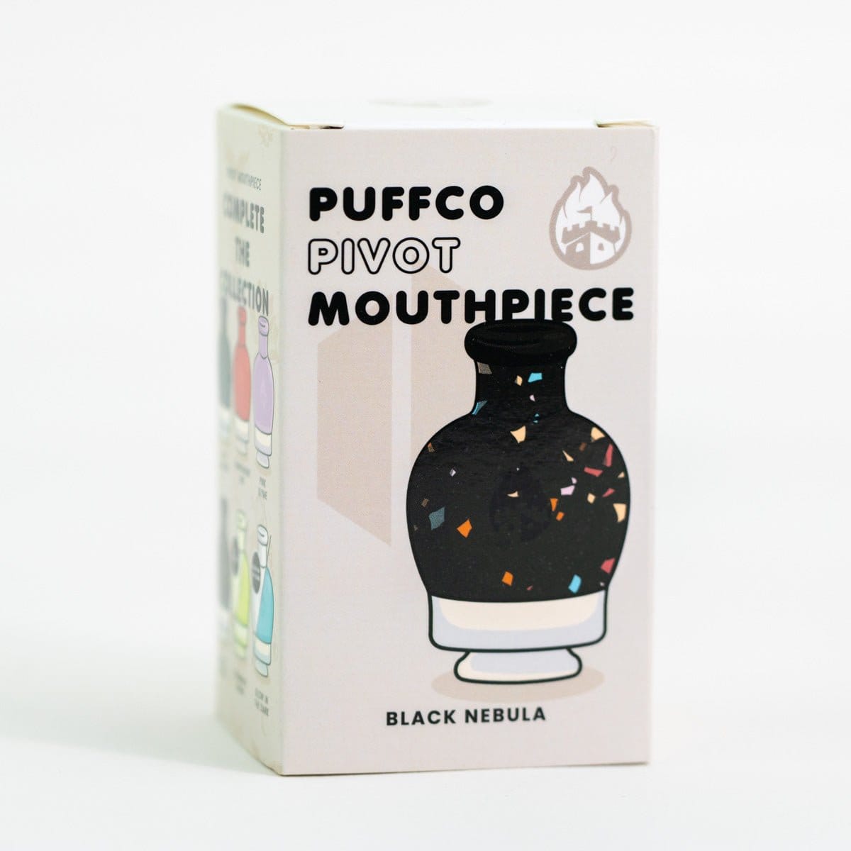 Front-facing shot of the Empire Glassworks Puffco Pivot Glass Mouthpiece - Black Nebula packaging showing a stylized black mouthpiece illustration with colorful flecks.