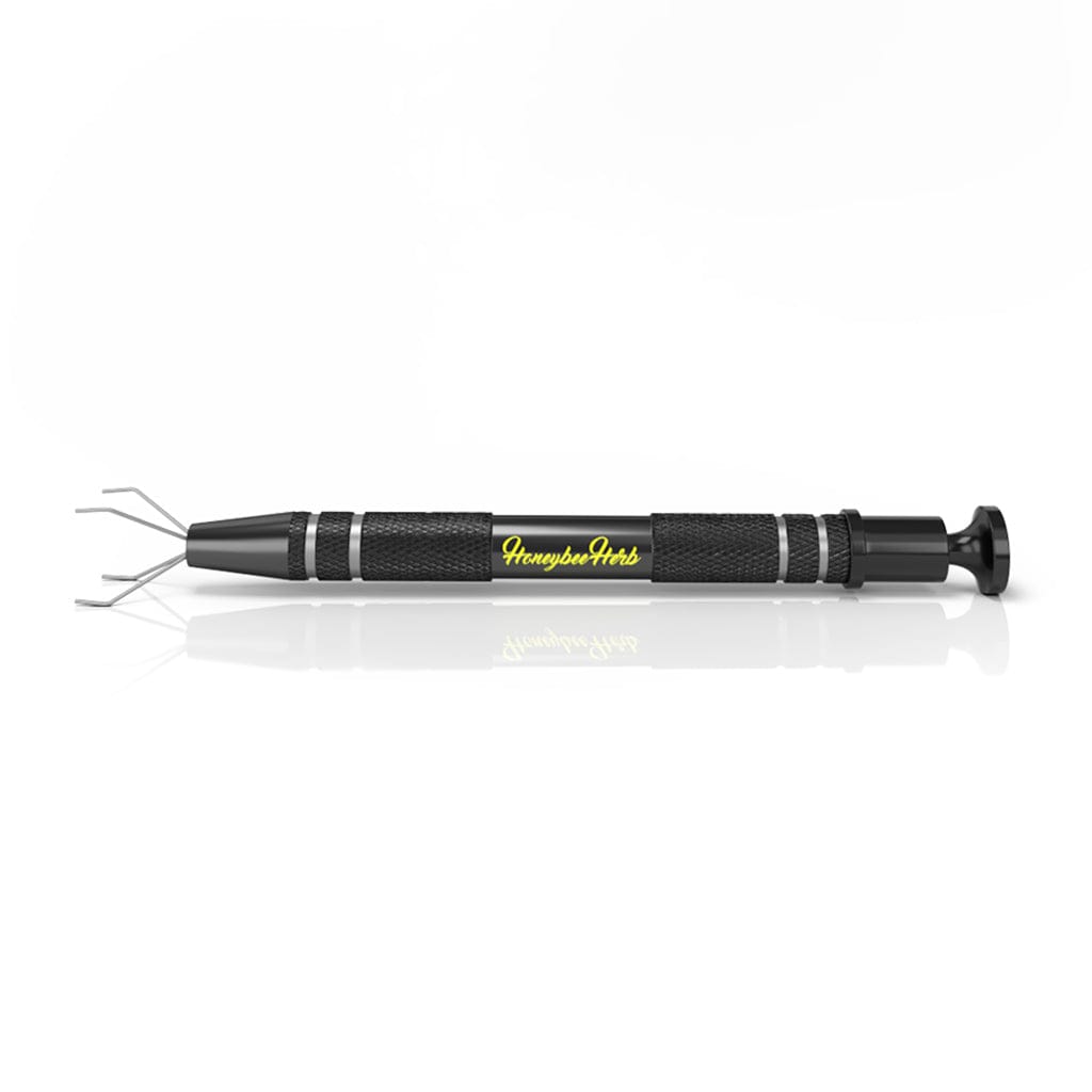 Side profile of the black Honeybee Herb Dab Claw with textured grip, extended metal claws at left and reflective white background.