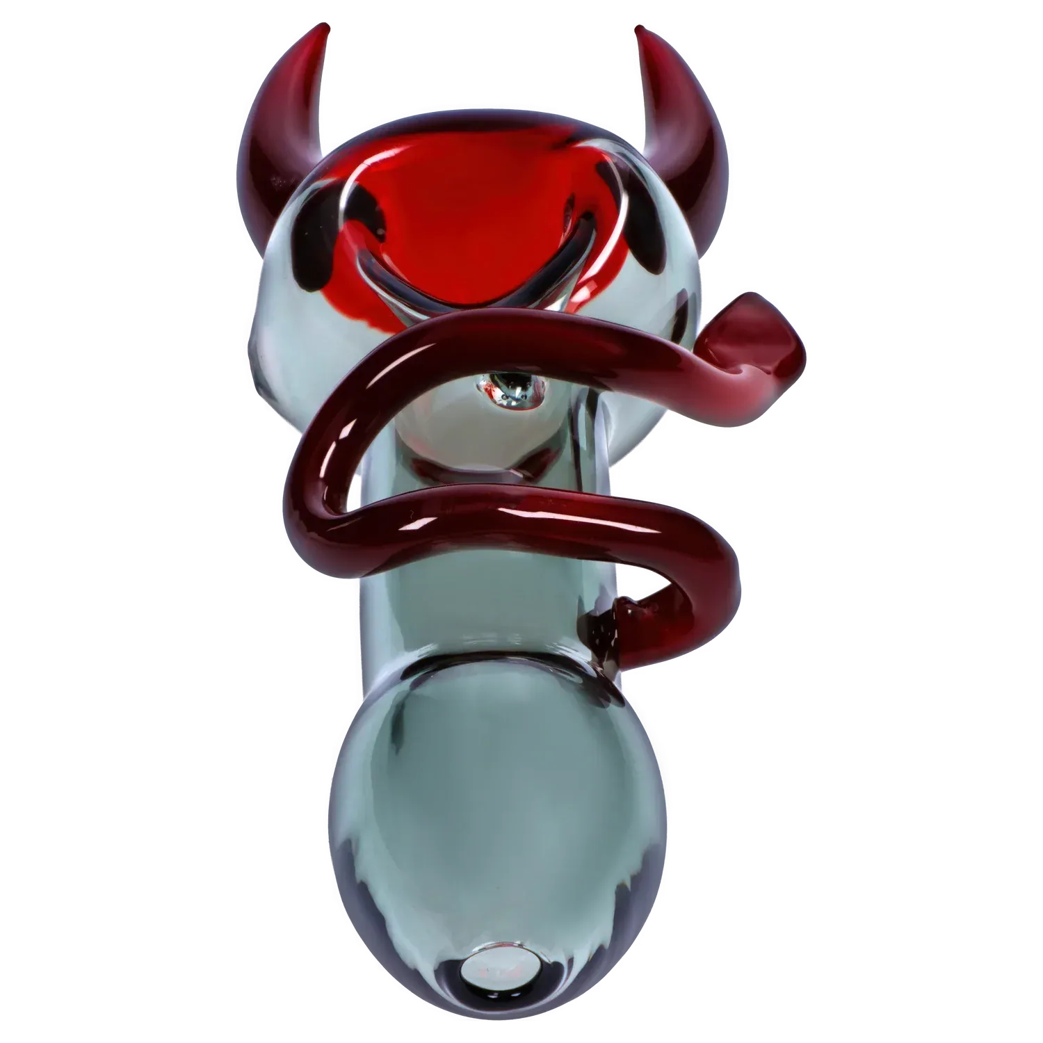 Top-down close-up of a glass piece with a sinuous red coil and rounded bowl on the “Dank & Dead” Smoking Box.