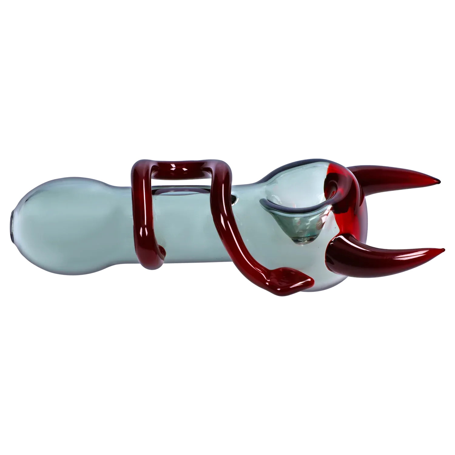 Side view of the glass "Dank & Dead" Smoking Box with pale aqua body and glossy red horn-like handles and mouthpiece.