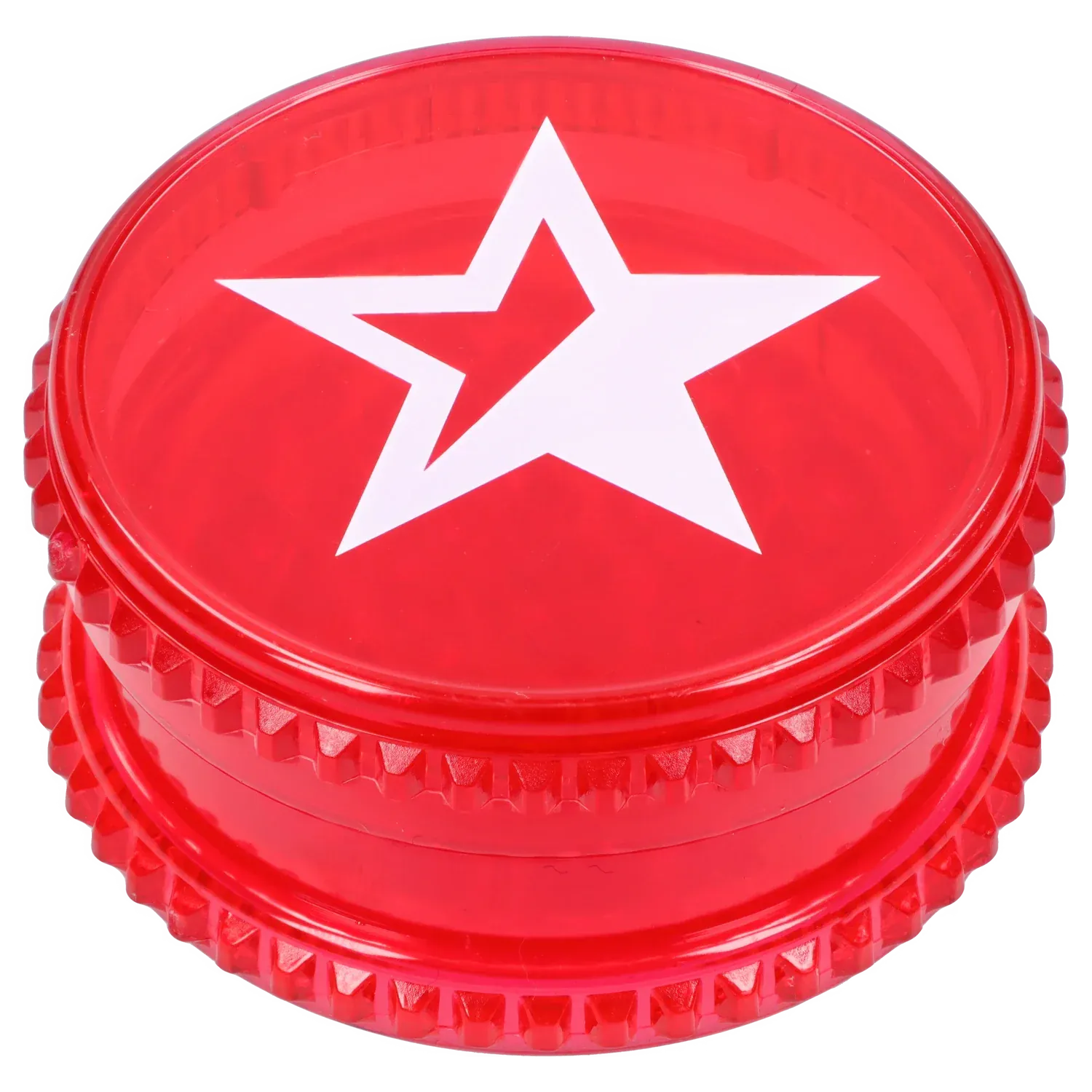 Top-down close-up of the red “Dank & Dead” Smoking Box lid featuring a bold white star graphic and ridged side grip.