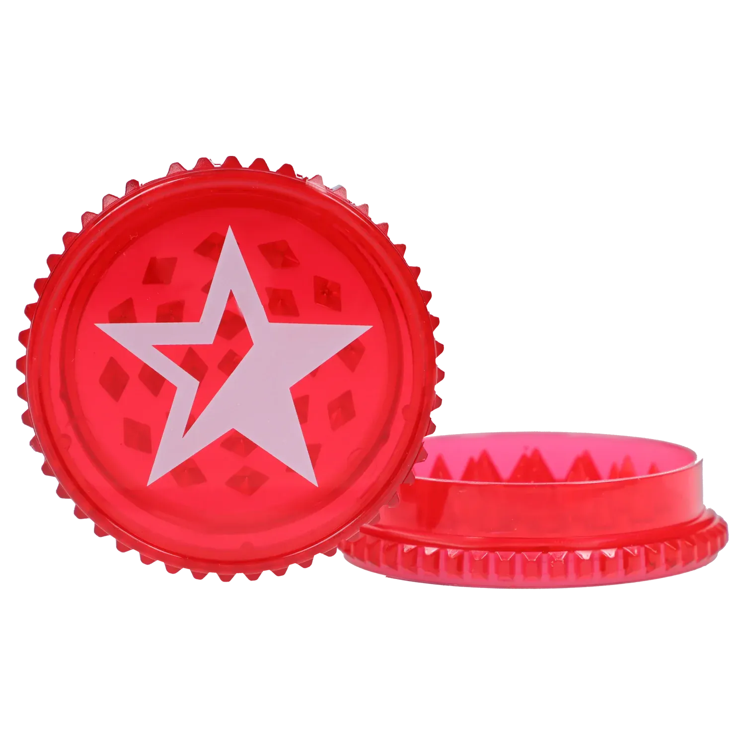 Close-up front view of a bright red “Dank & Dead” Smoking Box lid showing a white five-point star graphic and serrated edge.