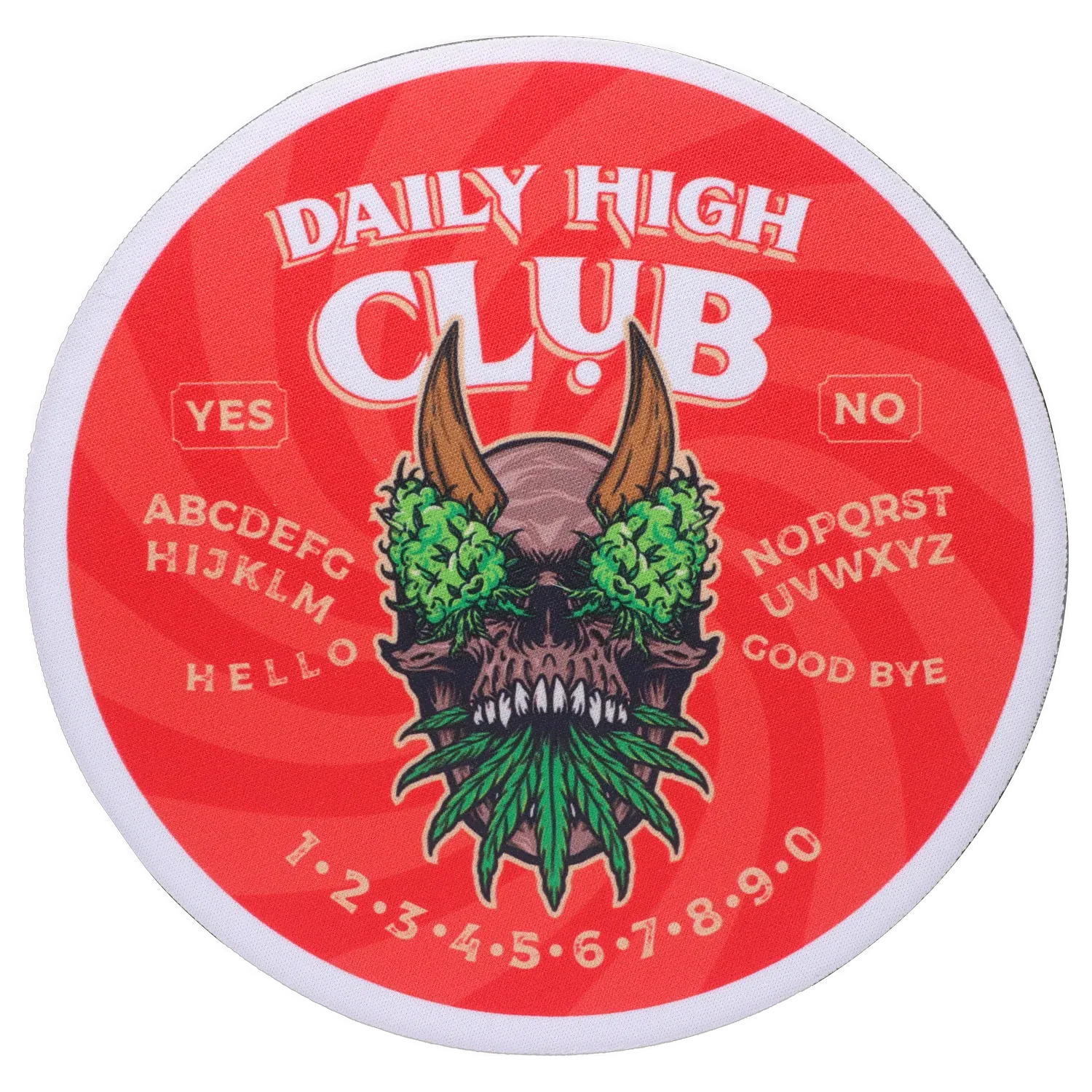 Top-down view of a red circular board featuring a horned skull with green bud-like eyes and leaves, labeled “Dank & Dead” Smoking Box.