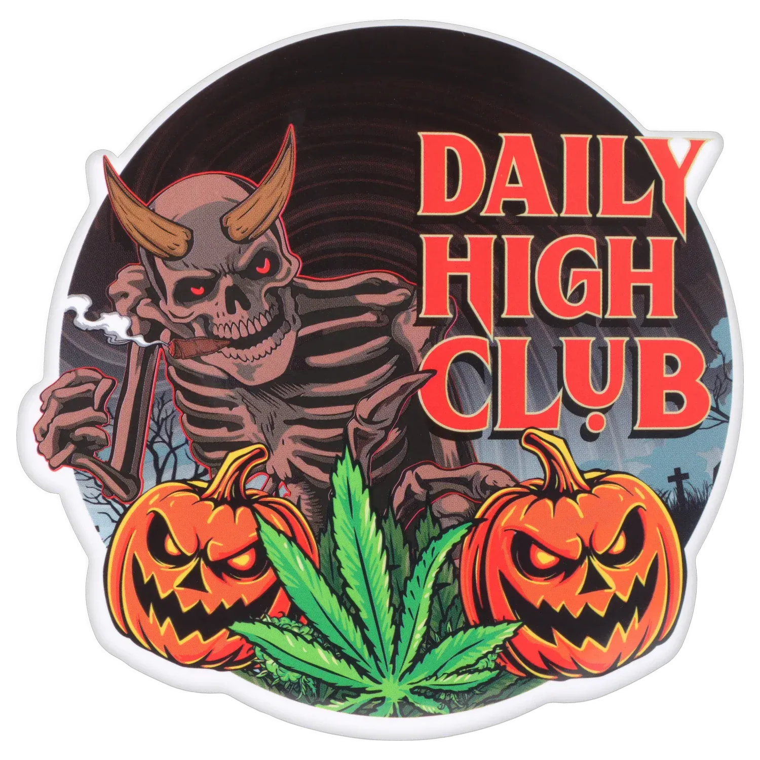 Front-facing sticker art of the “Dank & Dead” Smoking Box showing a horned skeleton smoking beside two carved pumpkins and a large marijuana leaf.
