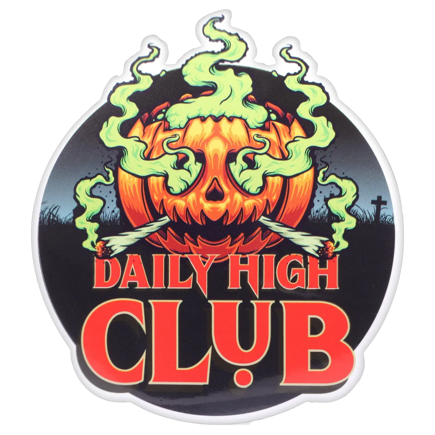 Top-centered illustration of a grinning jack-o'-lantern exhaling neon green smoke and two lit joints above bold red text, “Dank & Dead” Smoking Box