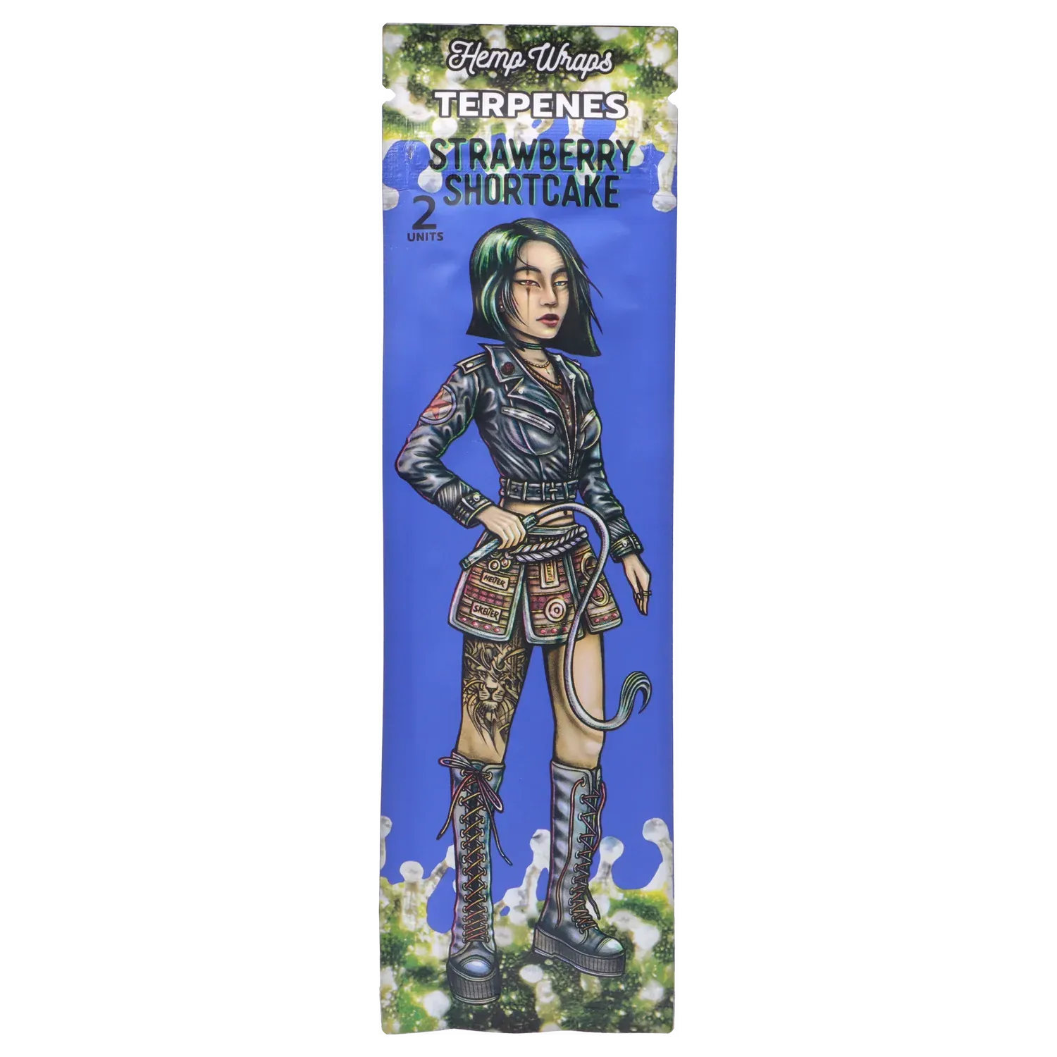 Vertical full-body illustration of a stylized woman against a bright blue backdrop on the “Dank & Dead” Smoking Box.