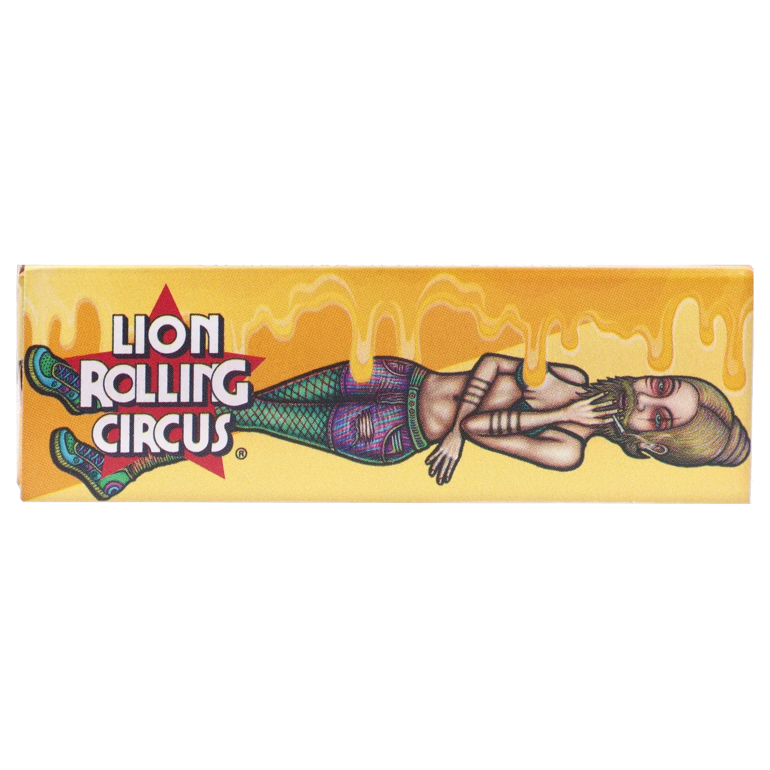 Horizontal view of the “Dank & Dead” Smoking Box showing a yellow background with melting drips, bold "Lion Rolling Circus" logo at left and a reclining mermaid‑like figure at right.