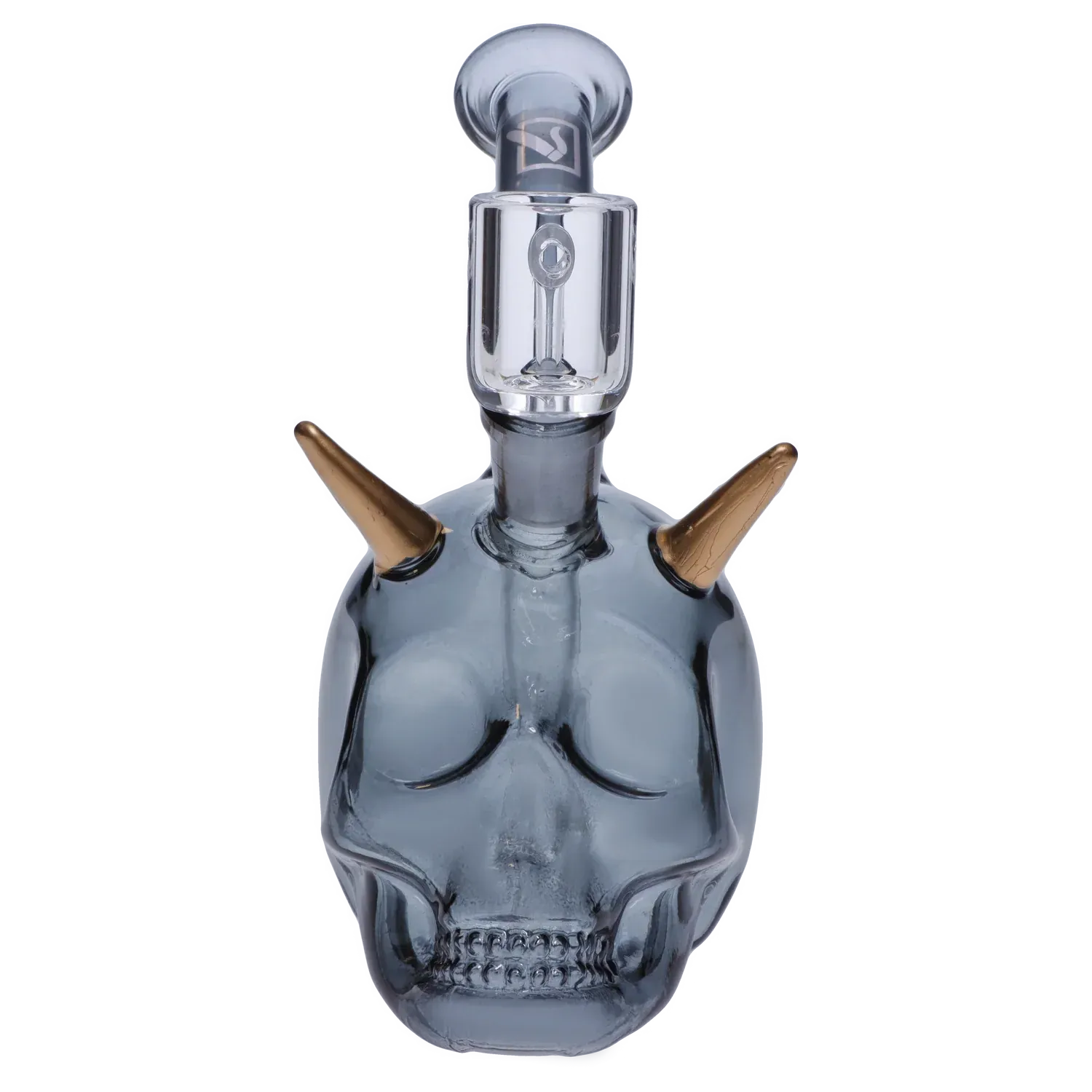 Top-down view of a smoky glass skull with two gold horn accents and a clear mouthpiece on the “Dank & Dead” Smoking Box.
