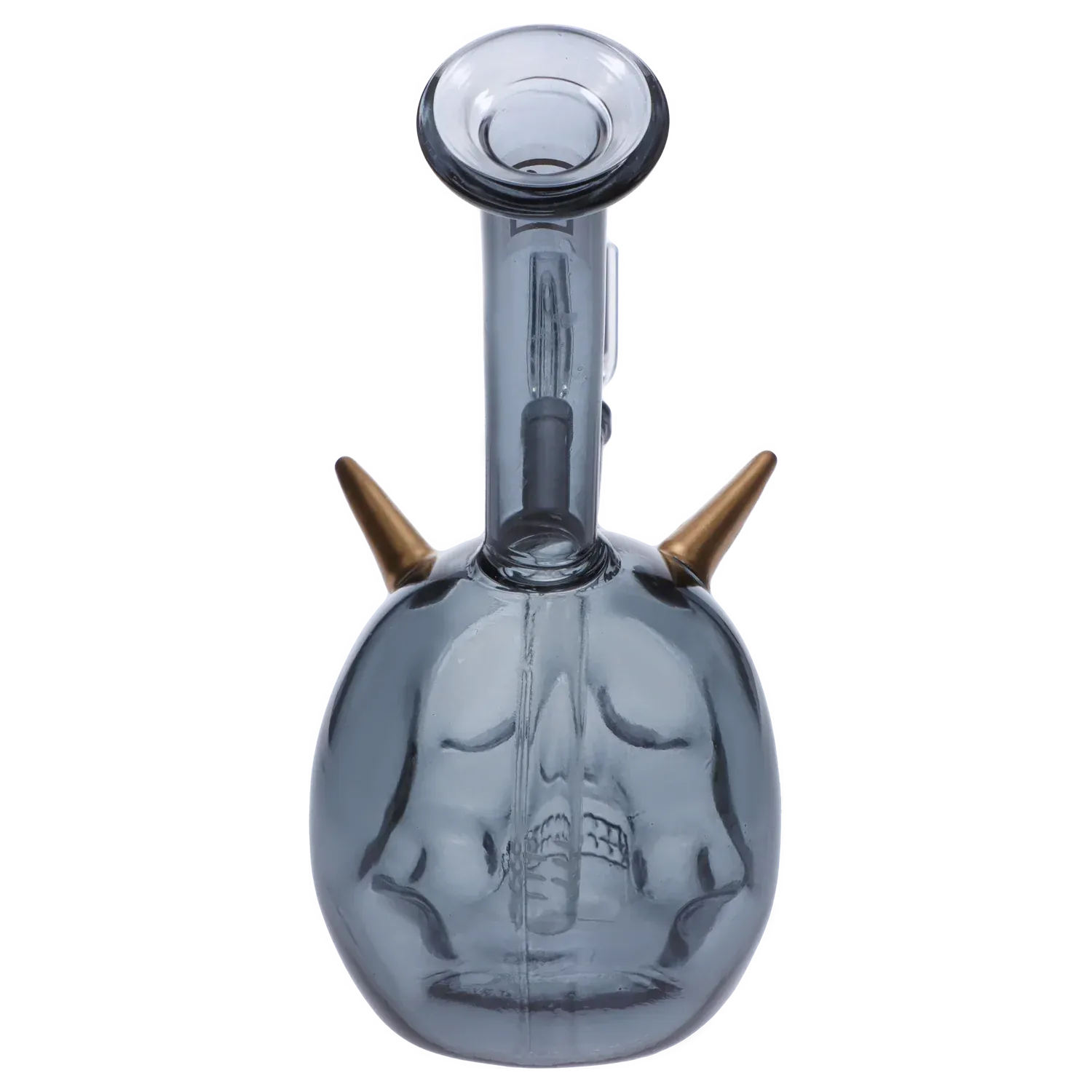 Top-down view of the smoky glass “Dank & Dead” Smoking Box skull with two small gold horns flanking the neck.