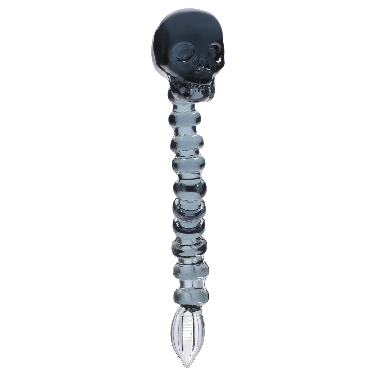 Vertical studio shot of a translucent skull-headed glass piece titled “Dank & Dead” Smoking Box with a ribbed stem and teardrop tip.