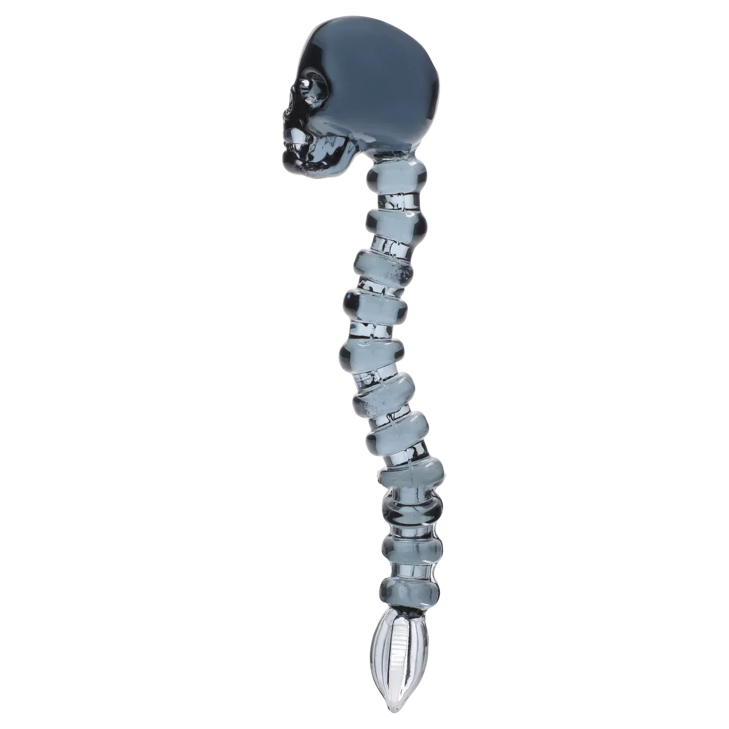 Side profile of the “Dank & Dead” Smoking Box skull-topped glass piece with a segmented spine-like stem on a white background