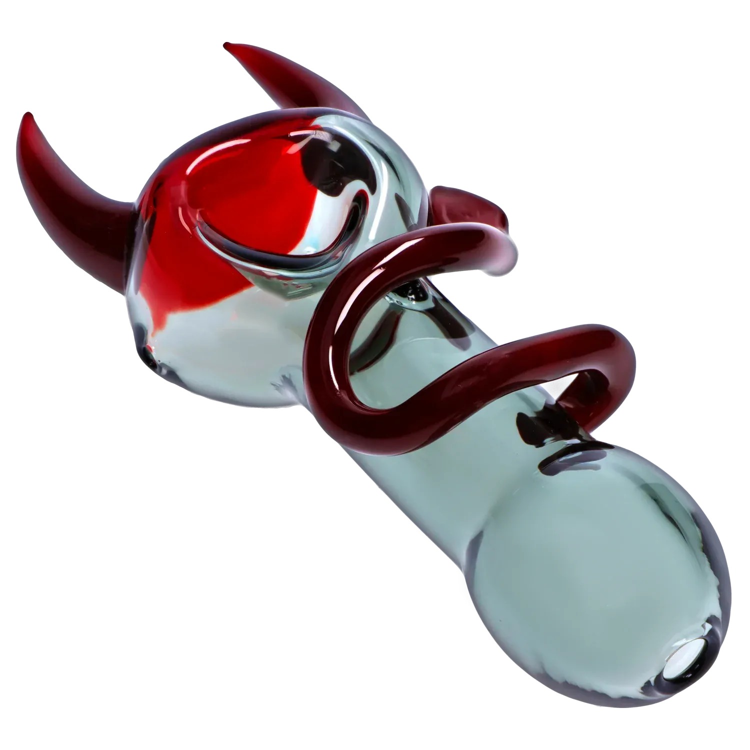 Angled close-up of the glass “Dank & Dead” Smoking Box showing red horn accents and a twisted maroon glass loop against a pale blue body