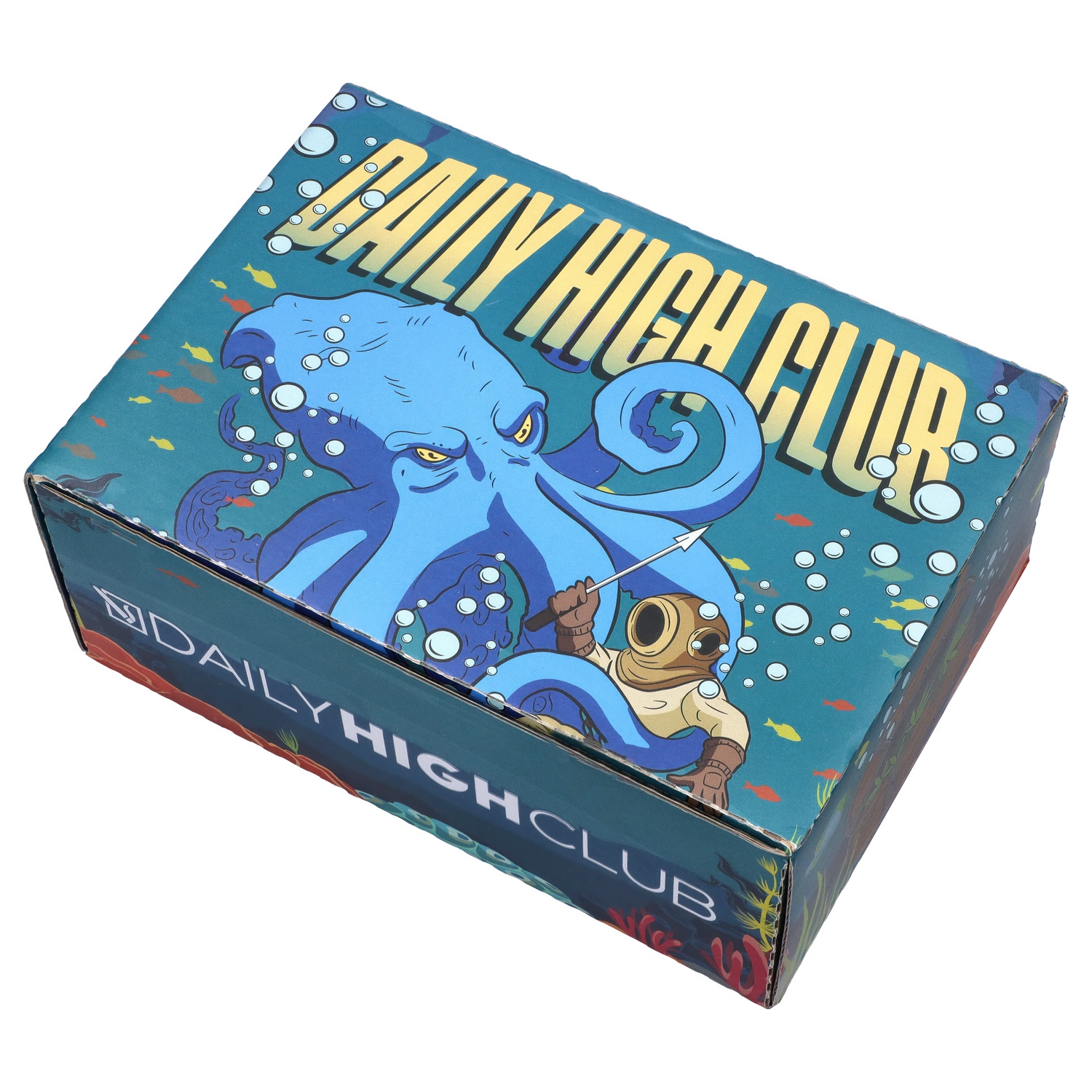 Angled top-down view of the "Deep Sea Adventure" Smoking Box showing a large blue octopus and diver illustration against a teal, bubble-speckled background.
