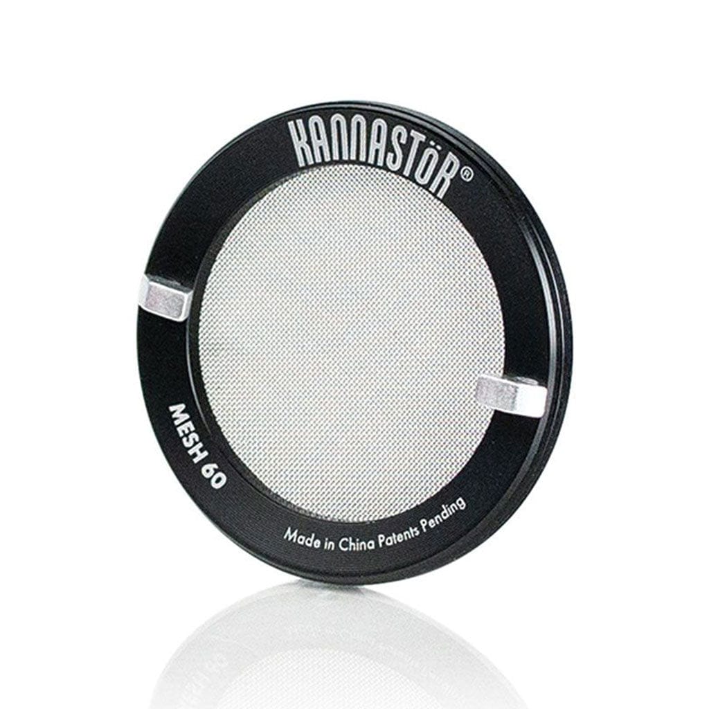 Front-facing view of the Ryot 4Pc Jar Body Grinders showing a single black circular mesh screen with two silver tabs and its reflection on a white background