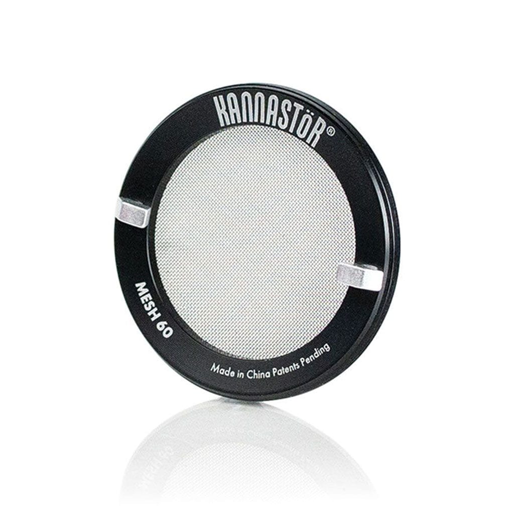 Angled front view of a round gunmetal Ryot 4Pc Jar Body Grinders piece with a fine mesh center and two silver tabs reflected on the white surface