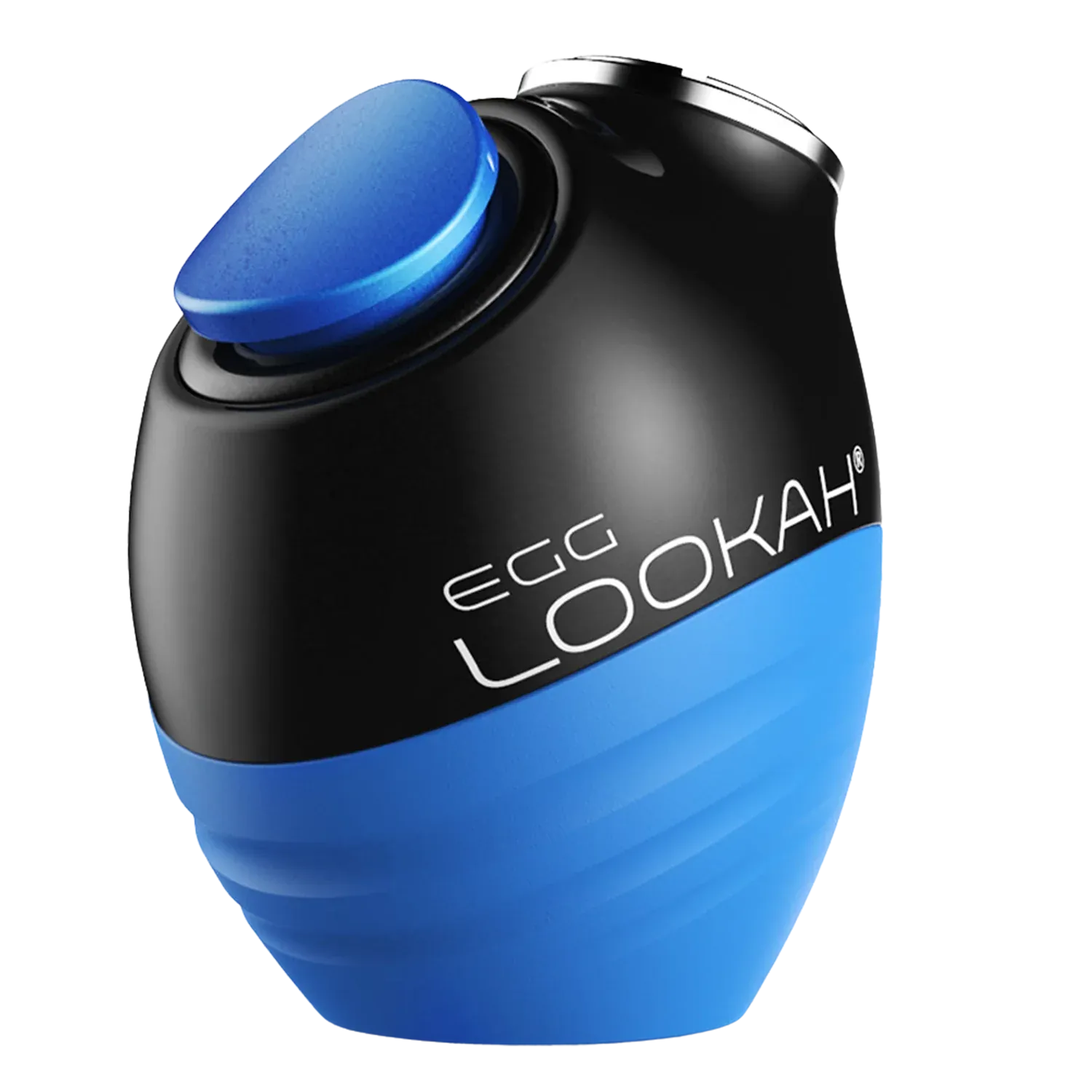 Close-up three-quarter view of the gray Lookah Egg Vaporizer showing its blue top button, black upper casing with white "EGG LOOKAH" logo, and textured blue lower body.