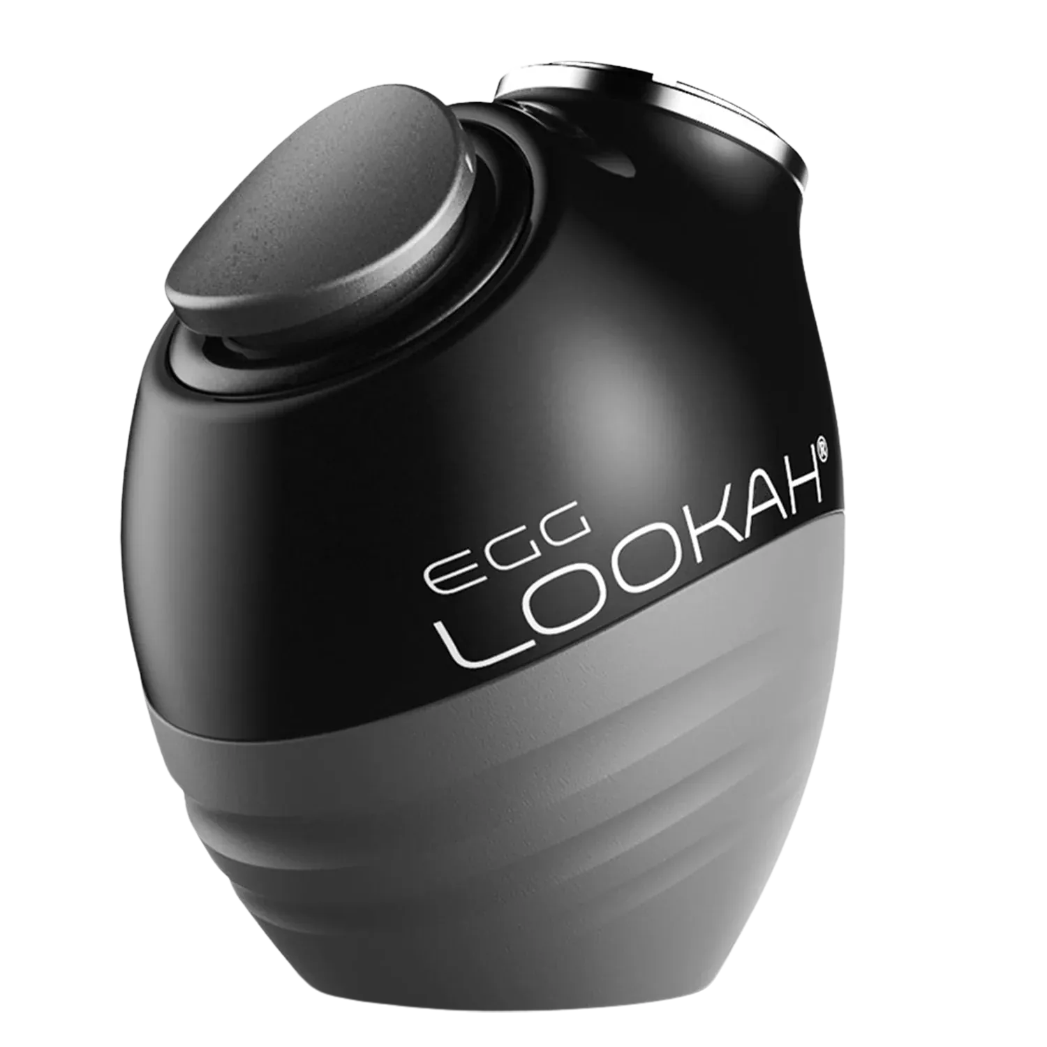 Angled close-up of the Lookah Egg Vaporizer showing its rounded black top, textured lower body, and large logo across the front.