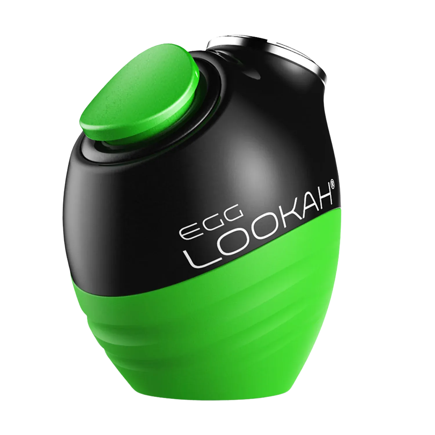 Angled close-up of the purple Lookah Egg Vaporizer showing its glossy black top, green button, and ribbed green lower body