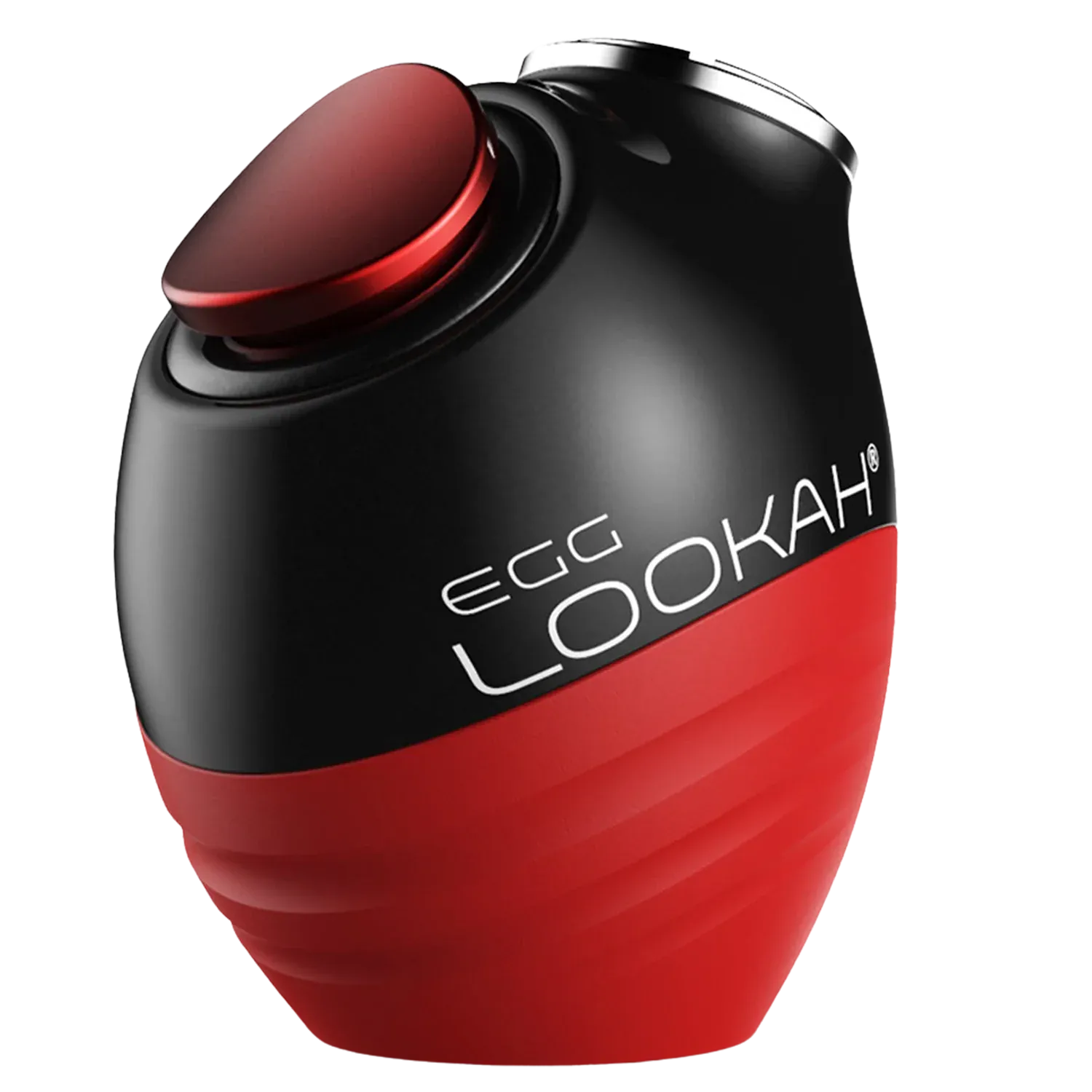 Angled close-up of the red and black Lookah Egg Vaporizer showing its rounded egg shape, top button, and printed logo.
