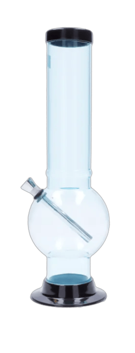 Front view of the JM Plastics Large Bubble Base Acrylic Water Pipe - 12 in. showing a clear tubular neck, round bubble base, and black trim.
