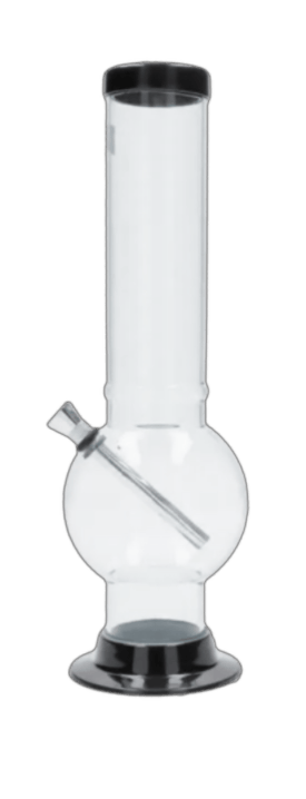Front view of the JM Plastics Large Bubble Base Acrylic Water Pipe - 12 in. showing a clear straight tube rising from a round bubble chamber with black rimmed mouthpiece and base.