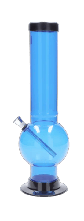 Straight-on view of the JM Plastics Large Bubble Base Acrylic Water Pipe - 12 in. in translucent blue with a black rim and base on a white background