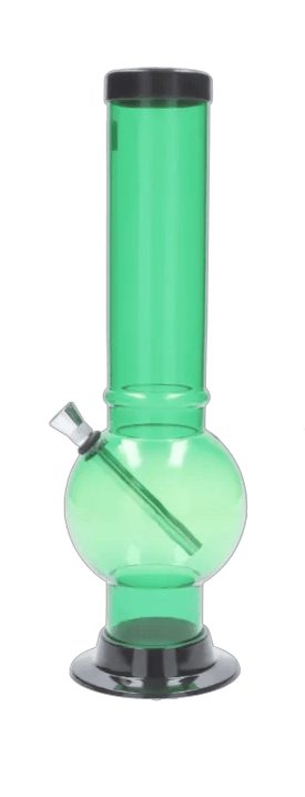 Front view of the JM Plastics Large Bubble Base Acrylic Water Pipe - 12 in. in translucent green with a black rim and base against a white background