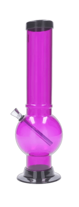 Straight-on view of the JM Plastics Large Bubble Base Acrylic Water Pipe - 12 in. in translucent hot pink with black rim and base against a plain white background