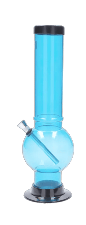 Straight-on view of a translucent blue Acrylic Bong 2" ACRYLICS with a round beaker base, angled downstem, and black rim and foot.