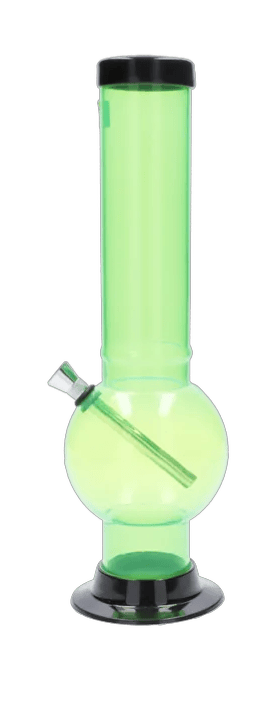 Front view of the JM Plastics Large Bubble Base Acrylic Water Pipe - 12 in. in translucent lime green with a round bubble base, black rim and base on a white background