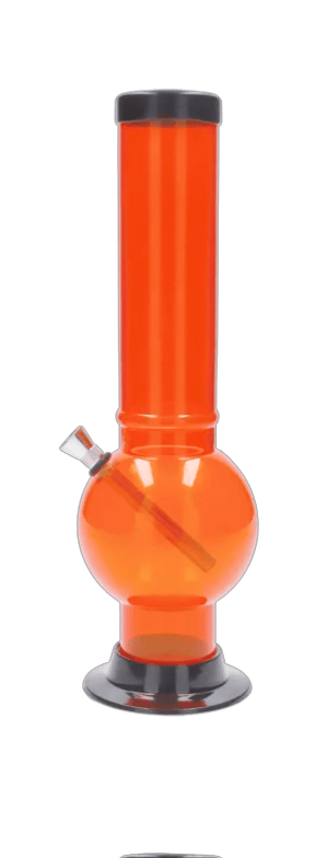 Straight-on view of the JM Plastics Large Bubble Base Acrylic Water Pipe - 12 in. in translucent orange with a round bubble base and black rim accents.