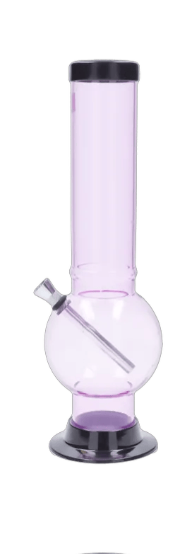 Straight-on view of the JM Plastics Large Bubble Base Acrylic Water Pipe - 12 in. in translucent lavender with a round bubble base and black rimmed mouthpiece and base.