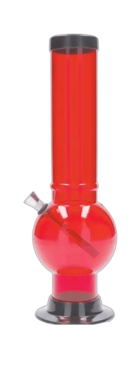 Straight-on view of the JM Plastics Large Bubble Base Acrylic Water Pipe - 12 in. in translucent red with a round bubble base and black rim accents.