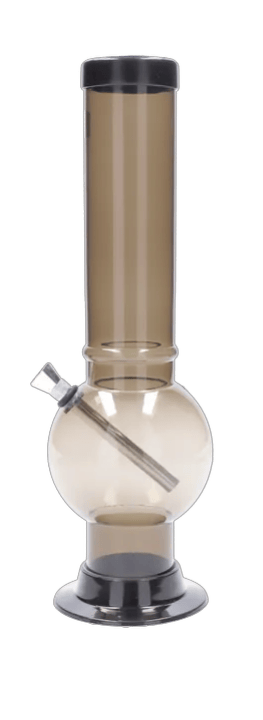 Center-frontal view of the JM Plastics Large Bubble Base Acrylic Water Pipe - 12 in. showing a smoky-tan bubble base and straight neck with black trim on a white background