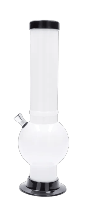 Centered frontal view of the JM Plastics Large Bubble Base Acrylic Water Pipe - 12 in. showing its white cylindrical neck, round bubble base, and black rim and base.