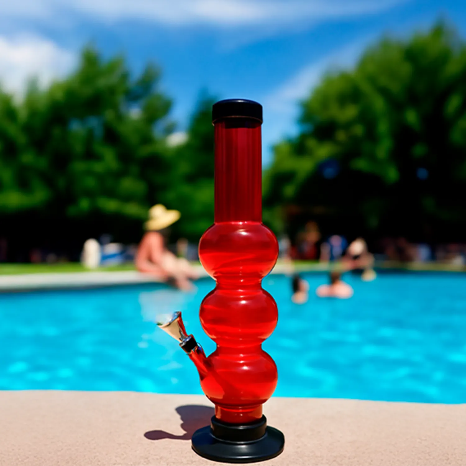 Center-frontal view of the red JM Plastics Triple Bubble Acrylic Bong - 12 in standing on a pool deck with blurred swimmers and trees in the sunny background