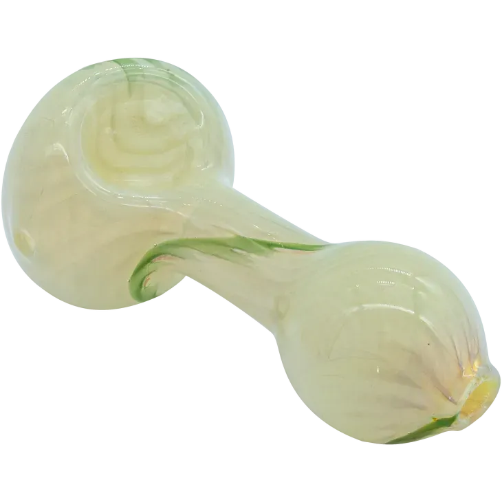 Angled close-up of the "Bones" White Color Spoon Pipe (Copy) showing a glossy pale white glass body with subtle green accents and bulbous ends.