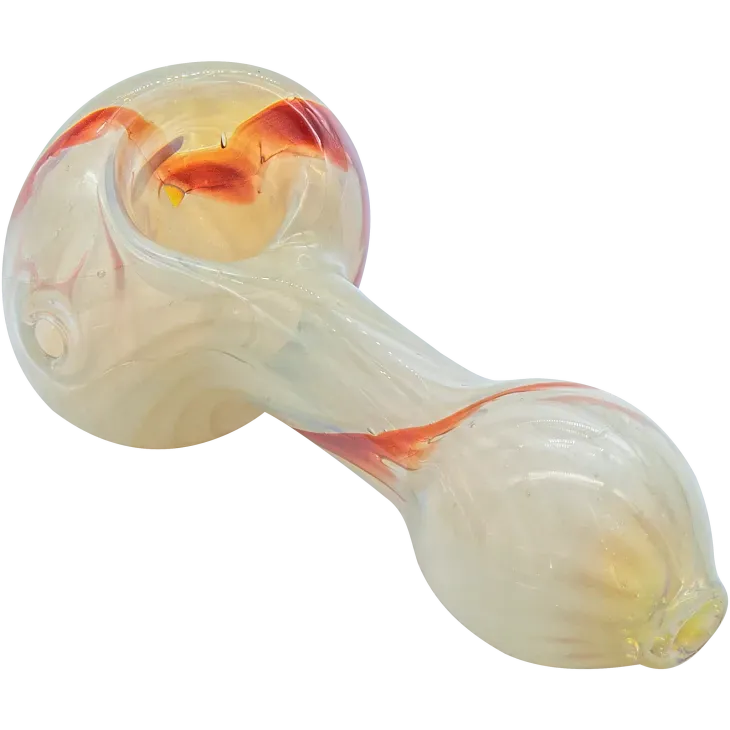 Angled close-up of the "Bones" White Color Spoon Pipe (Copy), a small pearlescent glass spoon with swirled white and orange accents on a neutral background